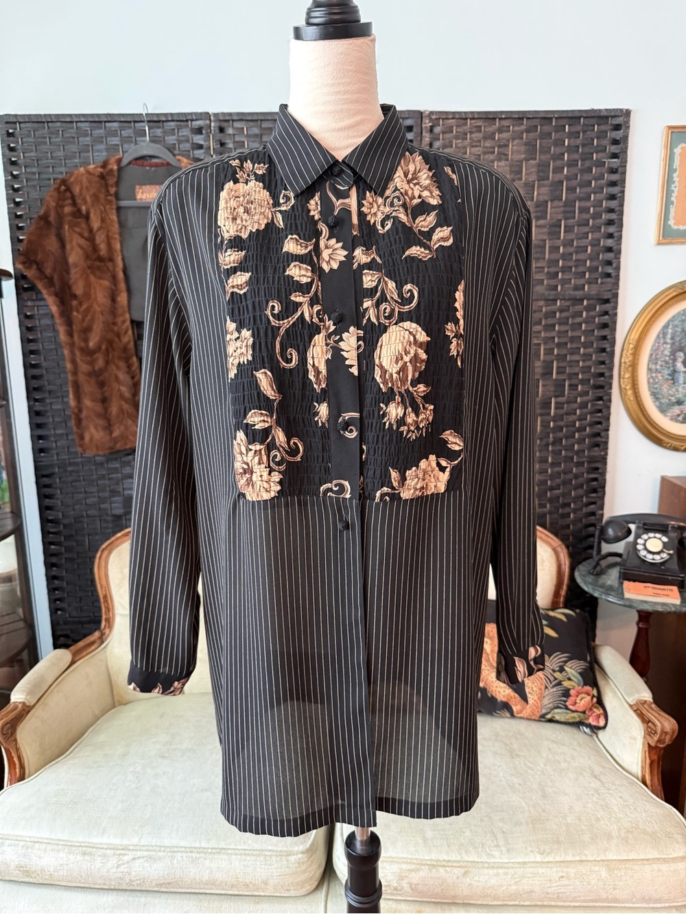 🖤 Lizsport Pinstripe Floral Smocked Button Front Tunic Blouse Large Vintage 90s